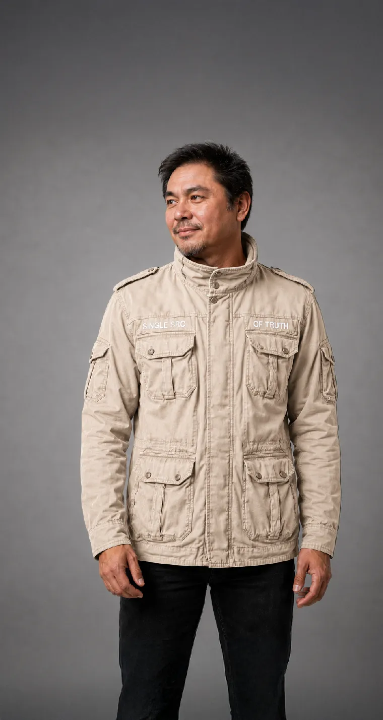 David Martinez, founder of Funda Run, in a light khaki M-65 field jacket against a neutral grey studio backdrop