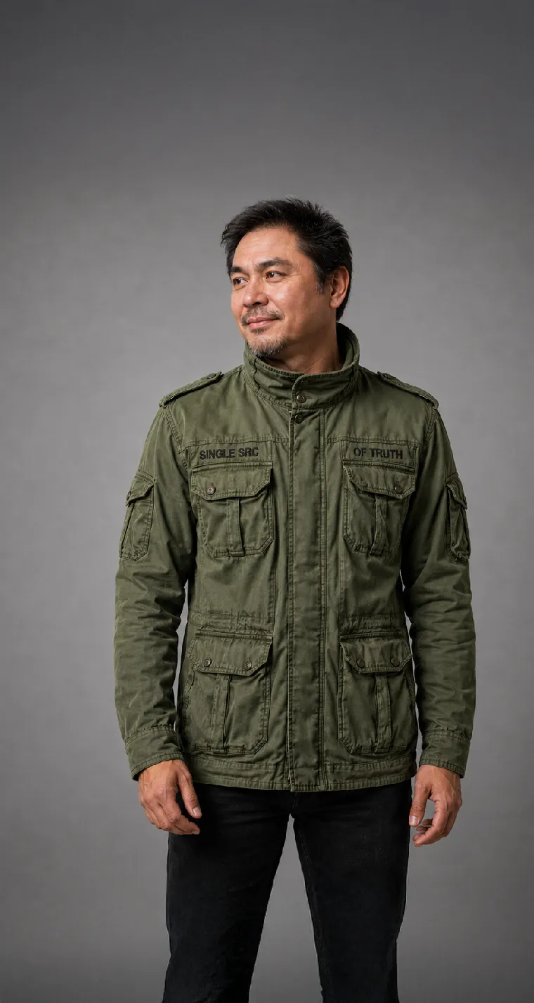 David Martinez, founder of Funda Run, in an olive M-65 field jacket against a neutral grey studio backdrop